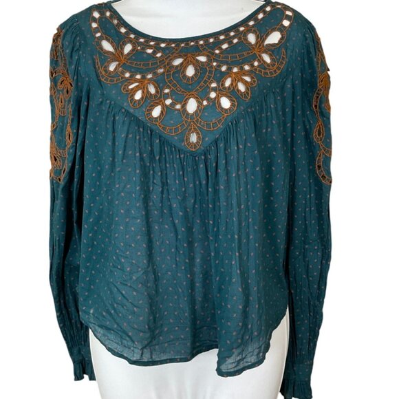 Free People Everything I Know LS Dark Teal & Rust Embroidery Peasant Top Small - Picture 1 of 9